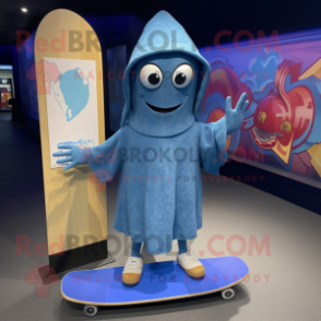 Blue Skateboard mascot costume character dressed with a Midi Dress and Shawl pins