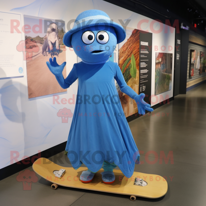 Blue Skateboard mascot costume character dressed with a Midi Dress and Shawl pins