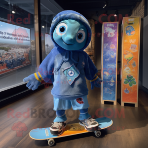 Blue Skateboard mascot costume character dressed with a Midi Dress and Shawl pins