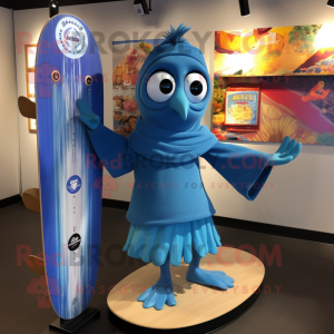 Blue Skateboard mascot costume character dressed with a Midi Dress and Shawl pins