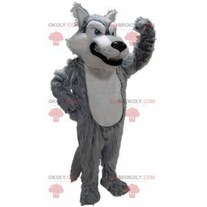 Mascote de lobo cinza e branco, fantasia de lobo peludo ruim -