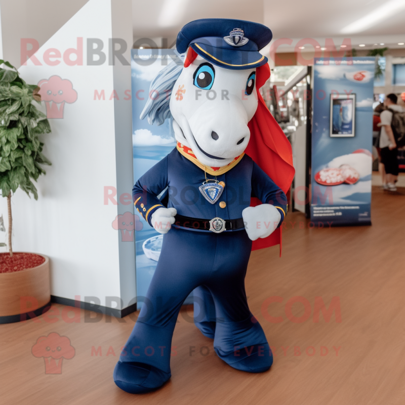 Navy Mare mascot costume character dressed with a Capri Pants and Cummerbunds Navy Mare mascot costume character dressed with a Capri Pants and Cummerbunds