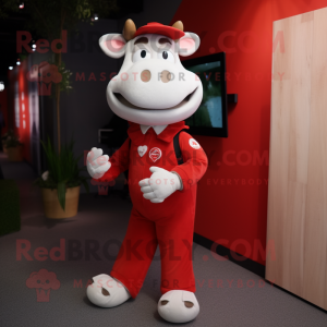 Red Cow mascot costume character dressed with a Dungarees and Cufflinks