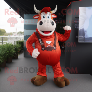 Red Cow mascot costume character dressed with a Dungarees and Cufflinks
