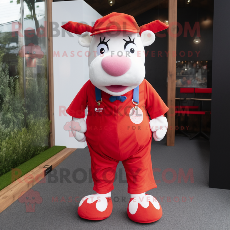 Red Cow mascot costume character dressed with a Dungarees and Cufflinks