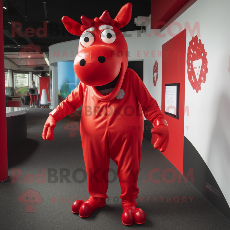 Red Cow mascot costume character dressed with a Dungarees and Cufflinks