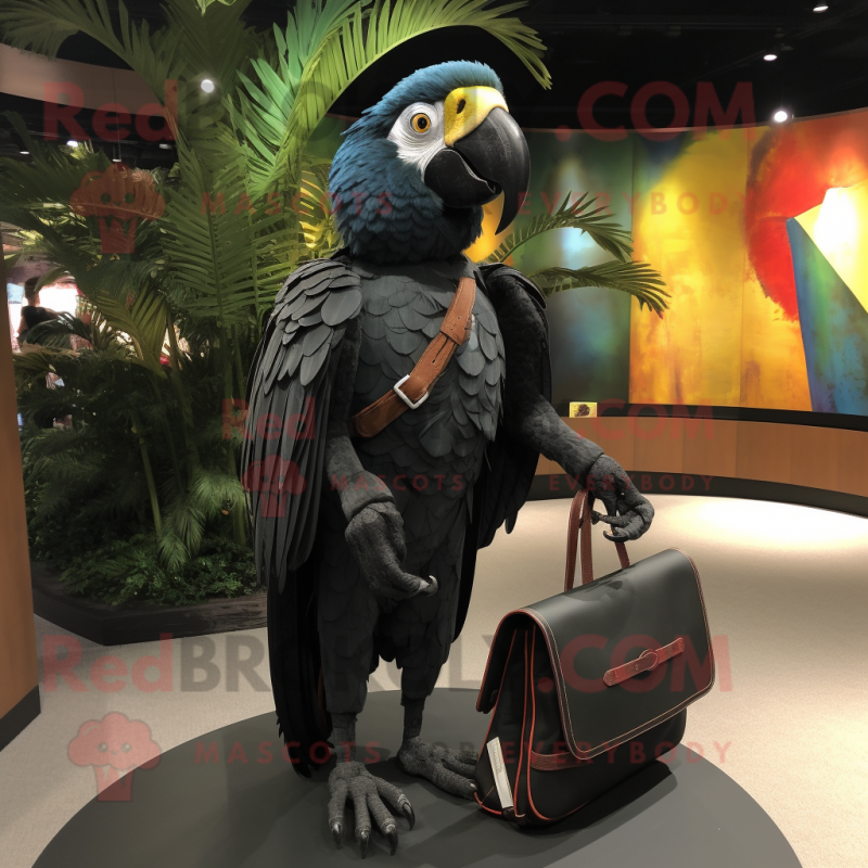 Black Macaw mascot costume character dressed with a Blouse and Handbags