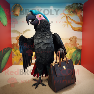Black Macaw mascot costume character dressed with a Blouse and Handbags