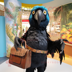 Black Macaw mascot costume character dressed with a Blouse and Handbags