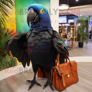 Black Macaw mascot costume character dressed with a Blouse and Handbags