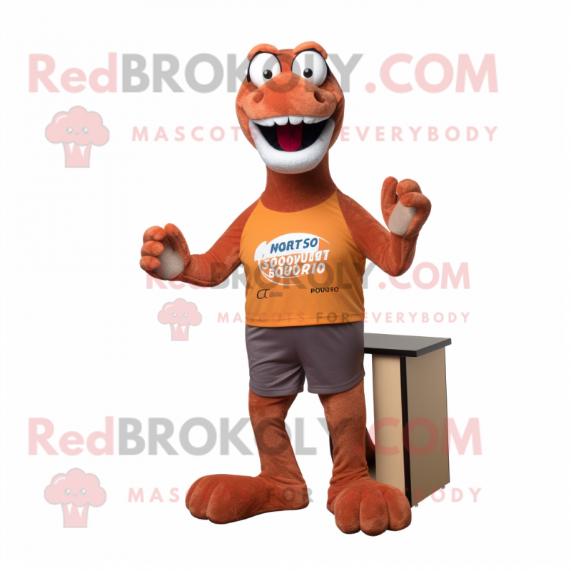 Rust Diplodocus mascot costume character dressed with a Running Shorts and Reading glasses