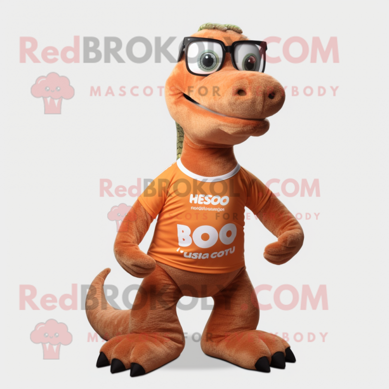 Rust Diplodocus mascot costume character dressed with a Running Shorts and Reading glasses Rust Diplodocus mascot costume character dressed with a Running Shorts and Reading glasses