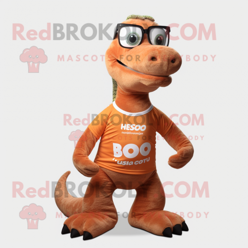 Rust Diplodocus mascot costume character dressed with a Running Shorts and Reading glasses