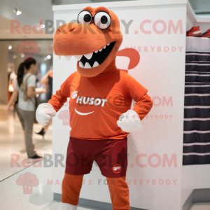 Rust Diplodocus mascot costume character dressed with a Running Shorts and Reading glasses
