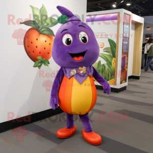 Purple Mango mascot costume character dressed with a Dress Pants and Anklets