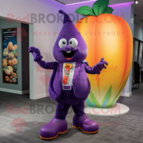 Purple Mango mascot costume character dressed with a Dress Pants and Anklets