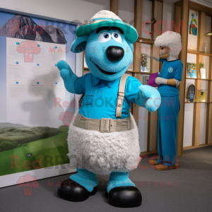 Cyan Merino Sheep mascot costume character dressed with a Oxford Shirt and Foot pads