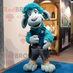 Cyan Merino Sheep mascot costume character dressed with a Oxford Shirt and Foot pads
