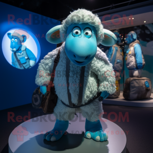 Cyan Merino Sheep mascot costume character dressed with a Oxford Shirt and Foot pads