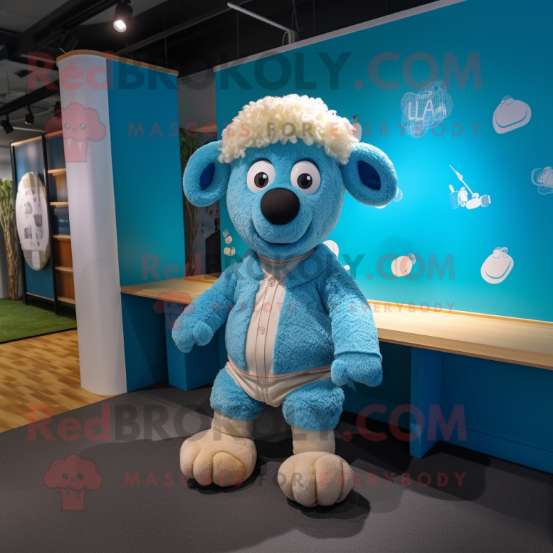 Cyan Merino Sheep mascot costume character dressed with a Oxford Shirt and Foot pads Cyan Merino Sheep mascot costume character dressed with a Oxford Shirt and Foot pads
