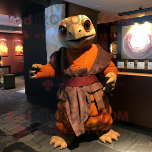 Rust Turtle mascot costume character dressed with a Wrap Dress and Shawl pins