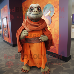 Rust Turtle mascot costume character dressed with a Wrap Dress and Shawl pins