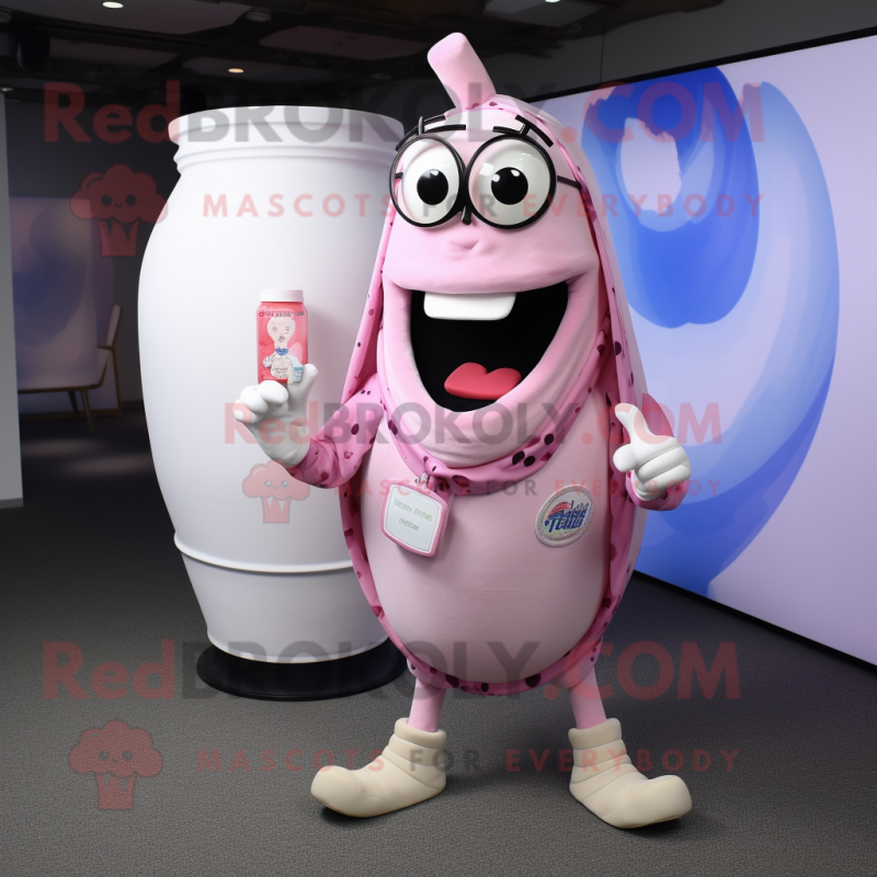 Pink Bottle Of Milk mascot costume character dressed with a Sweater and Pocket squares