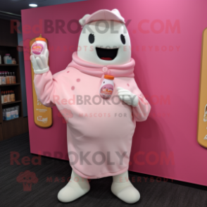 Pink Bottle Of Milk mascot costume character dressed with a Sweater and Pocket squares