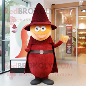 Maroon Shakshuka mascot costume character dressed with a Sheath Dress and Hats