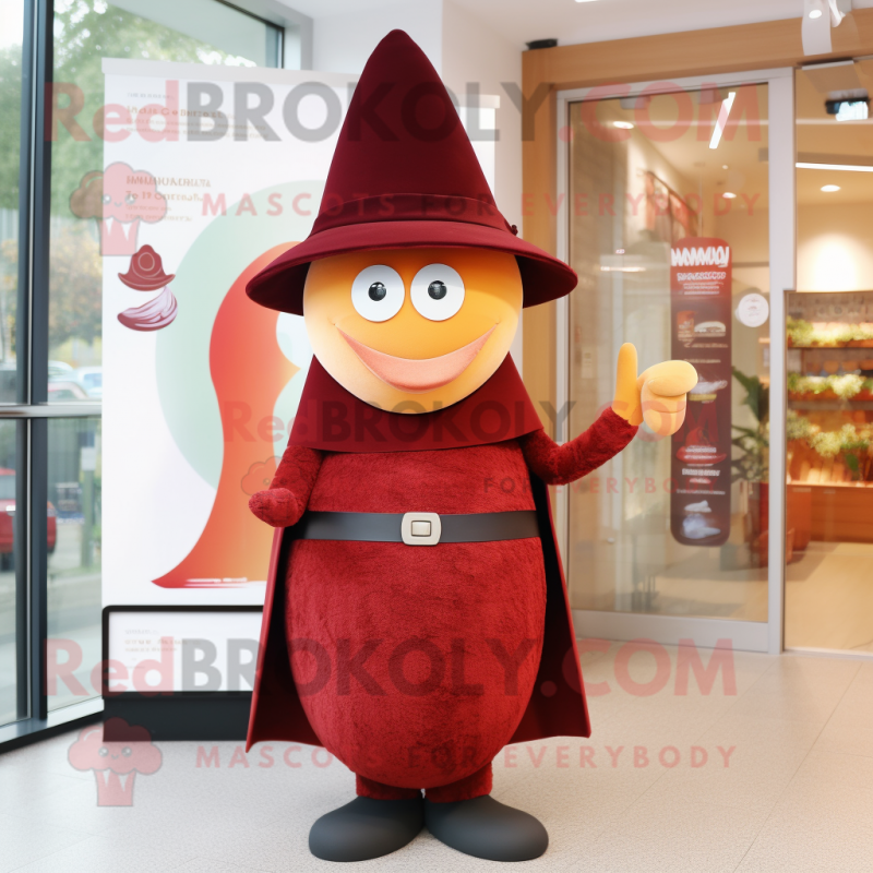 Maroon Shakshuka mascot costume character dressed with a Sheath Dress and Hats Maroon Shakshuka mascot costume character dressed with a Sheath Dress and Hats