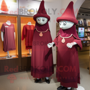 Maroon Shakshuka mascot costume character dressed with a Sheath Dress and Hats