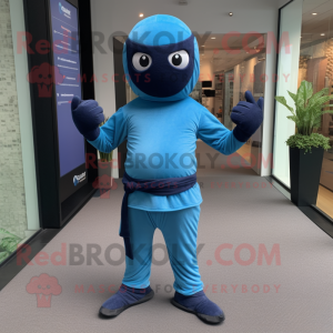Blue Ninja mascot costume character dressed with a Joggers and Bracelets
