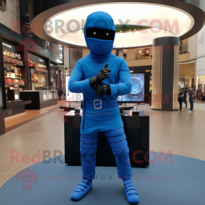 Blue Ninja mascot costume character dressed with a Joggers and Bracelets