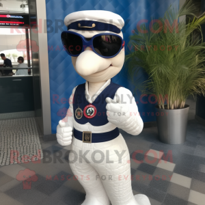Navy Snake mascot costume character dressed with a Suit and Sunglasses