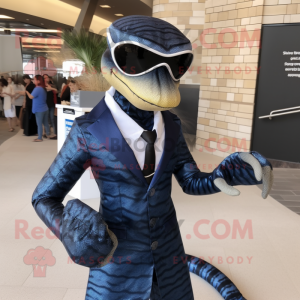 Navy Snake mascot costume character dressed with a Suit and Sunglasses