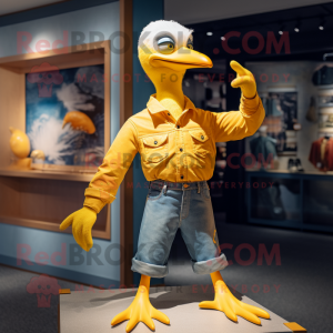 Yellow Gull mascot costume character dressed with a Flare Jeans and Rings