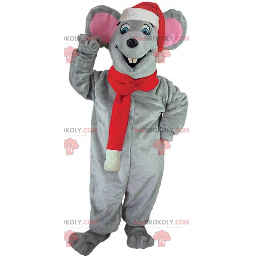 Mascote cinza com chapéu e lenço de Natal - Redbrokoly.com Mascote cinza com chapéu e lenço de Natal - Redbrokoly.com