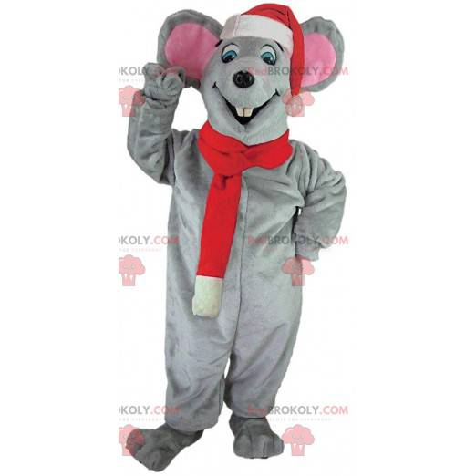 Gray mouse mascot with a Christmas hat and scarf -