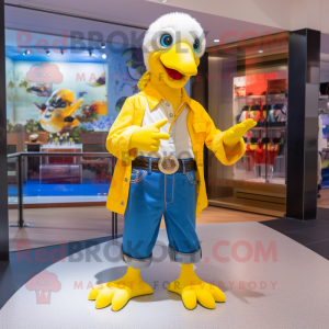 Yellow Gull mascot costume character dressed with a Flare Jeans and Rings