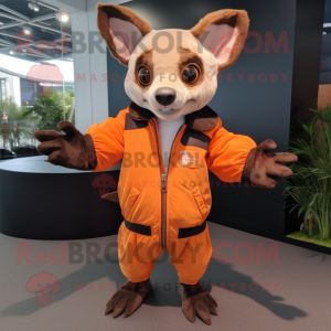 Orange Fruit Bat mascot costume character dressed with a Bomber Jacket and Gloves