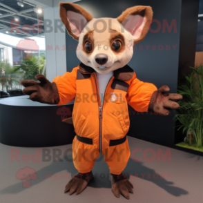 Orange Fruit Bat mascot costume character dressed with a Bomber Jacket and Gloves
