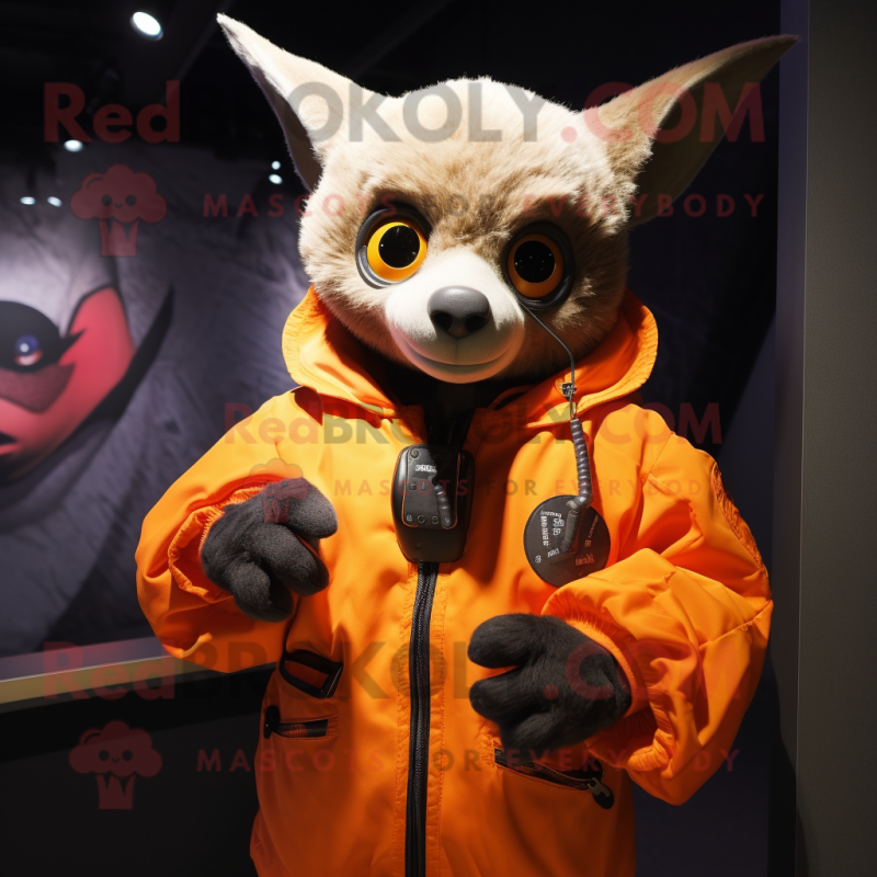 Orange Fruit Bat mascot costume character dressed with a Bomber Jacket and Gloves