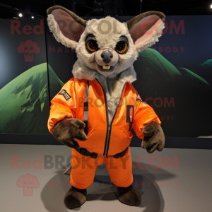 Orange Fruit Bat mascot costume character dressed with a Bomber Jacket and Gloves