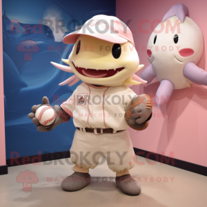 Cream Axolotls mascot costume character dressed with a Baseball Tee and Beanies