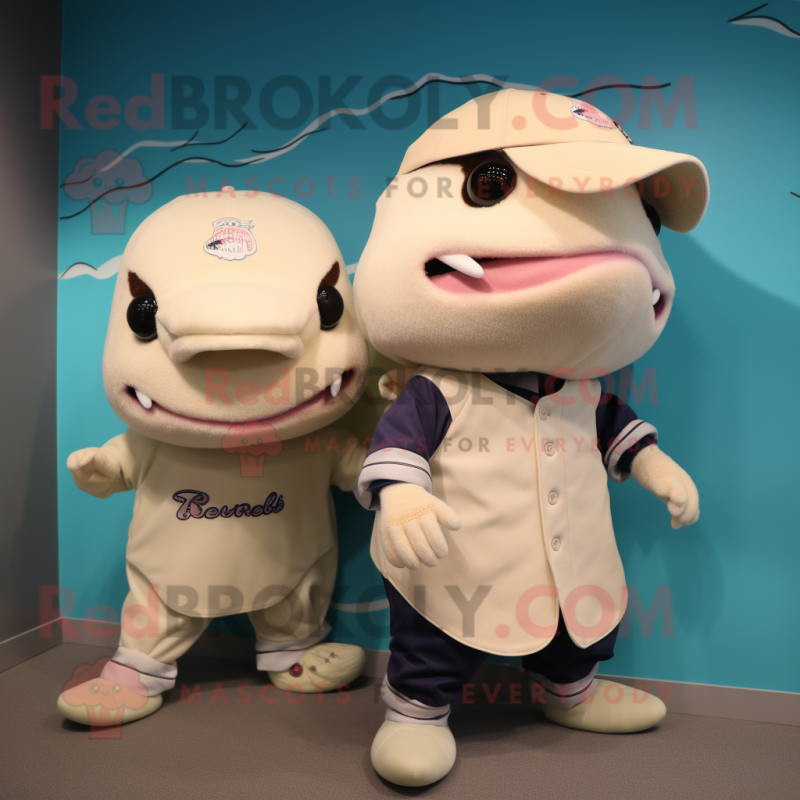 Cream Axolotls mascot costume character dressed with a Baseball Tee and Beanies