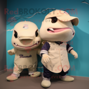 Cream Axolotls mascot costume character dressed with a Baseball Tee and Beanies