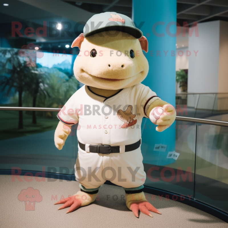 Cream Axolotls mascot costume character dressed with a Baseball Tee and Beanies