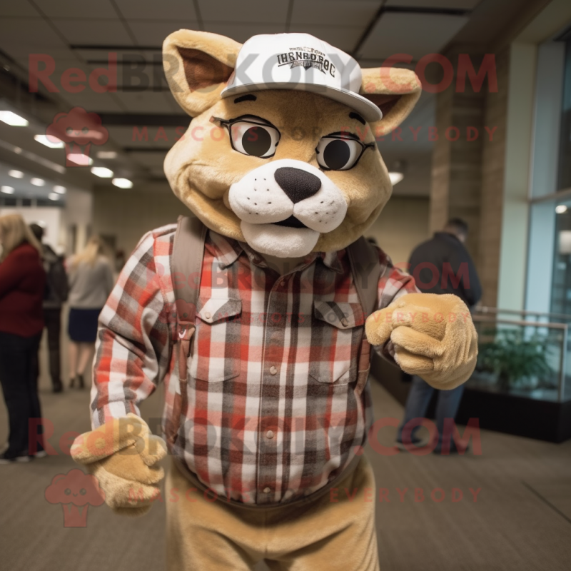 Tan Lynx mascot costume character dressed with a Flannel Shirt and Berets Tan Lynx mascot costume character dressed with a Flannel Shirt and Berets