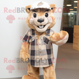 Tan Lynx mascot costume character dressed with a Flannel Shirt and Berets