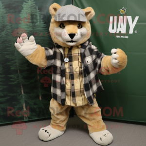 Tan Lynx mascot costume character dressed with a Flannel Shirt and Berets